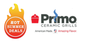 Primo Grill Logo with Hot Summer Deals Flame Badge